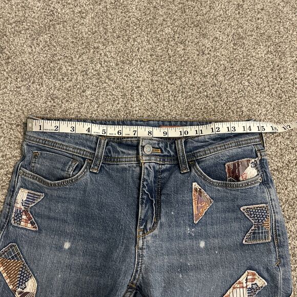 Pilcro Medium Wash Patchwork Splatter Slim Boyfriend Mid Rise Jeans 26 Blue Red - Picture 5 of 7